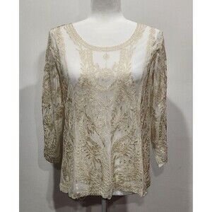 Nwt Ultra Pink Sheer Mesh Metallic Embroidered Boho Blouse, S